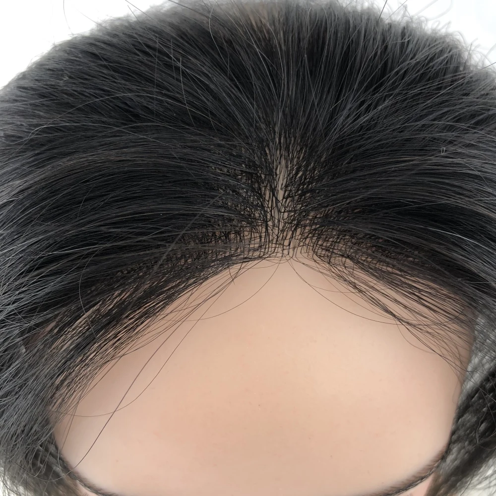 V Loop Silicone Skin Base Hairline 2X16cm 100% Remy Human Hair Men Toupee 15cm Jet Black Hair Invisible