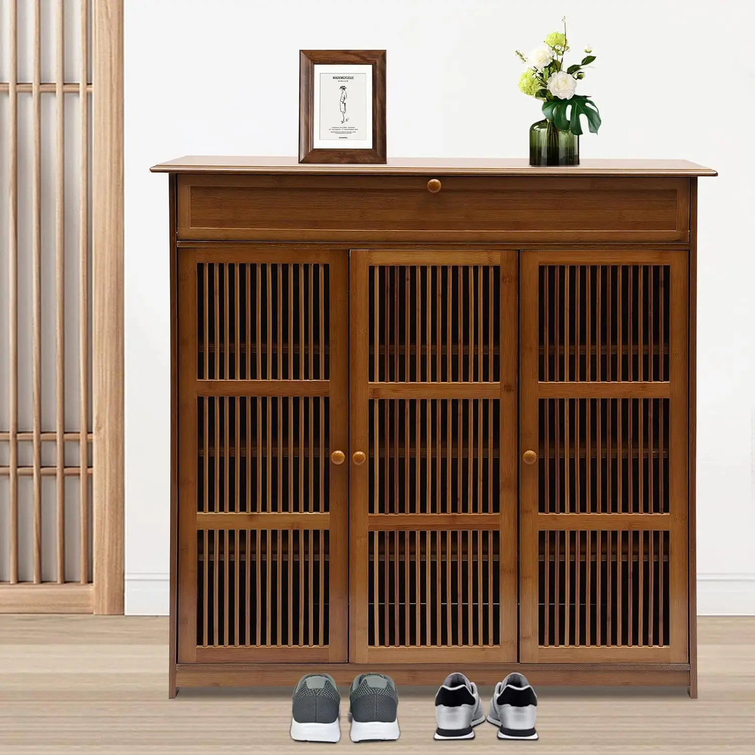 Bamboo 3 Tier Shoe Cabinet with Drawer & 3 Shutter Doors, Shoe Rack for 25 Pairs Entryway Hallway Living Room Closet, Customized