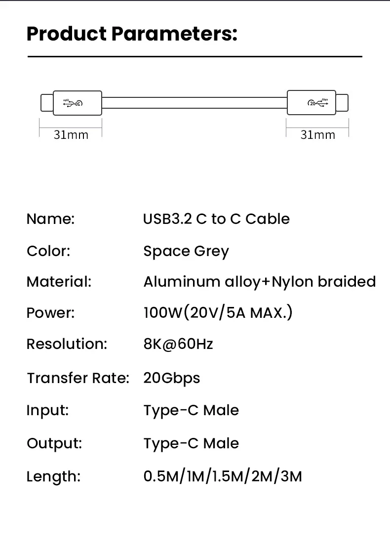 USB タイプ C からタイプ C ケーブル Macbook PD 100 ワット 5A USB 3.2 20Gbps ThunderBolt3 QC4.0 3.0 USB-C ケーブルコードサムスン Xiaomi 2/3 メートル