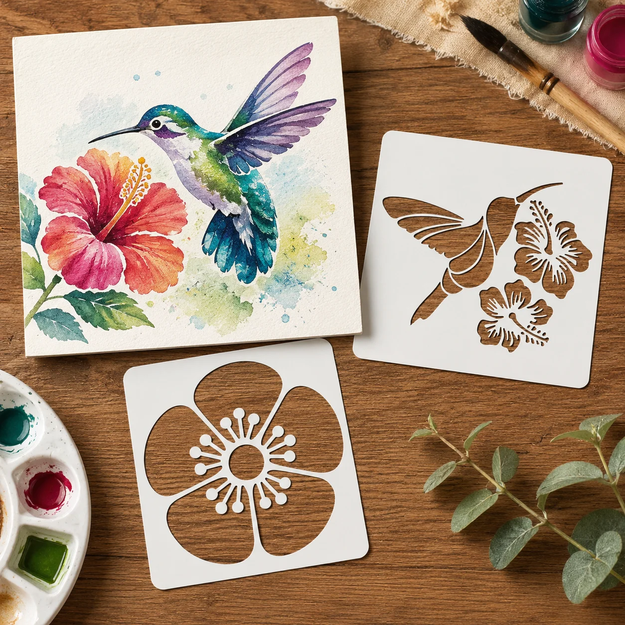4 Stück 5,1 x 5,1 Zoll große Kolibri-Blumen-Schablonen, wiederverwendbare Vogel- und Blumenmalvorlagen für DIY-Wanddekoration auf Leinwand und Stoff – Detail 3