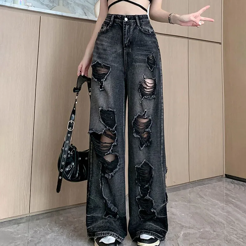 New Womens Ripped Jeans, High-waisted Straight-leg Wide-leg Pants, Loose Drape Denim Trousers Spring Summer. Men Female Can Wear