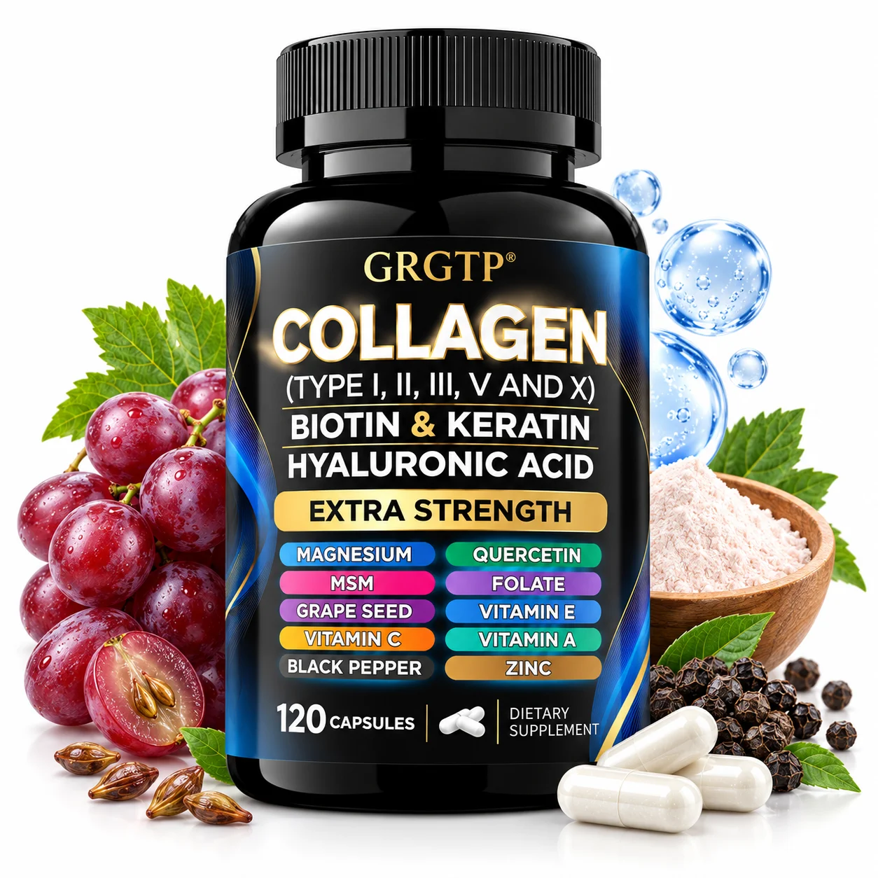 Collagen Complex - Biotin & Hyaluronic Acid, Promotes Hair Growth, Strengthens Weak Nails, Joints & Bones, Anti-Aging, Whitening