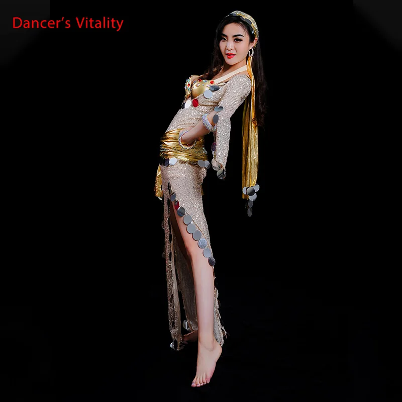 Oriental Dance Costume For Women Sexy Belly Dancing Skirt Professional Dancer Outfit Suit Gold Headdress Belt Dress 3peice S,M,L