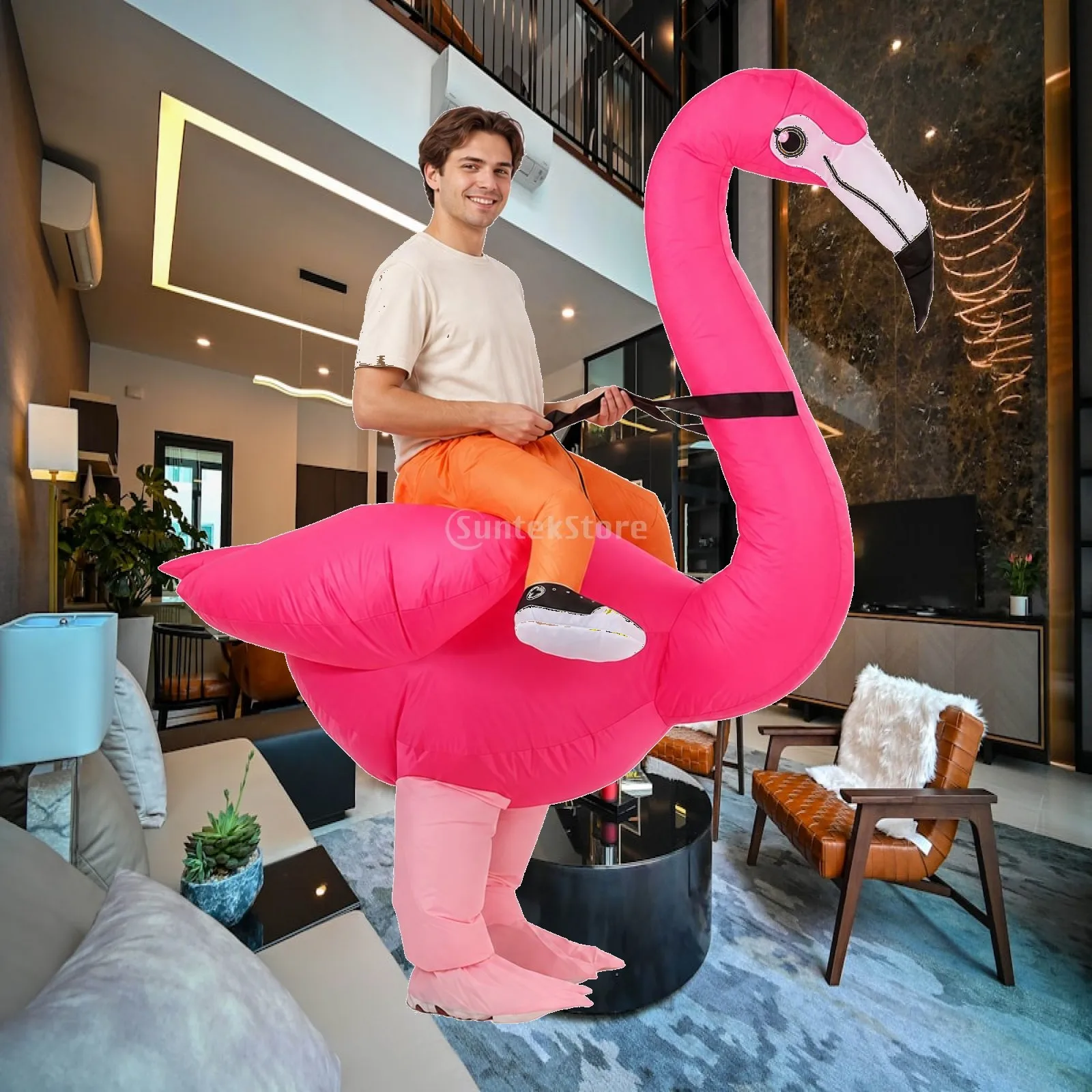 Blow Up Flamingo Costume Inflatable Bird Suit for Halloween Party Stage Dance Carnival Funny Full Body Outfit with Fan