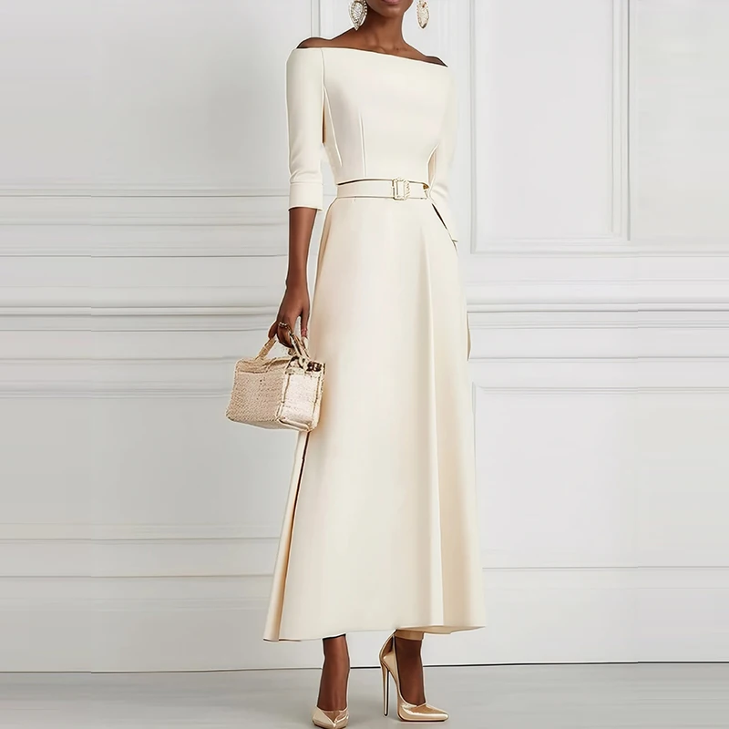 Office Ladies Elegant Solid High Waist Party Dress 2025 Spring Crew Neck Hollow Long Dress Autumn Long Sleeve A-Line Maxi Dress - Image 4