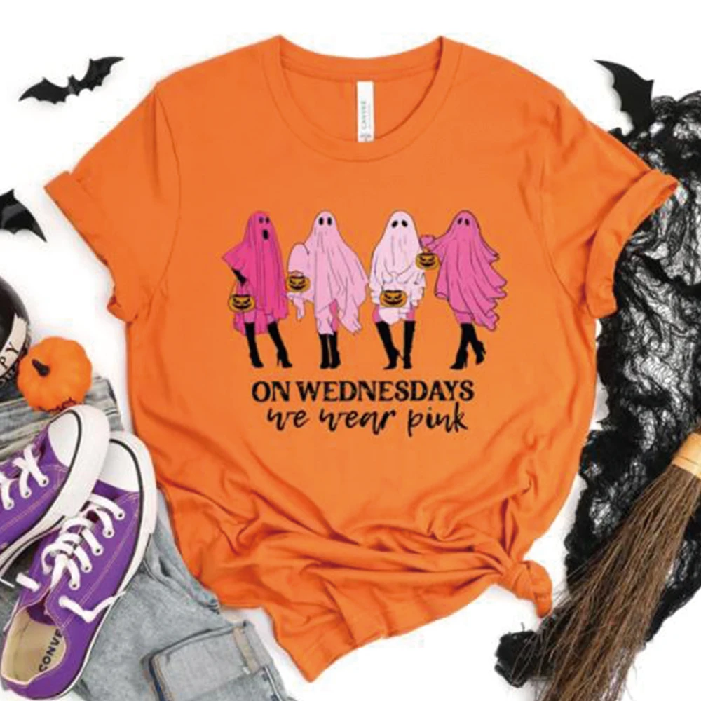 On Wednesday We Wear Pink Ghost T Shirt Mean Girls Ghost Tshirt Pink Ghost Tee Retro Halloween Tops Unisex Short Sleeve Shirts