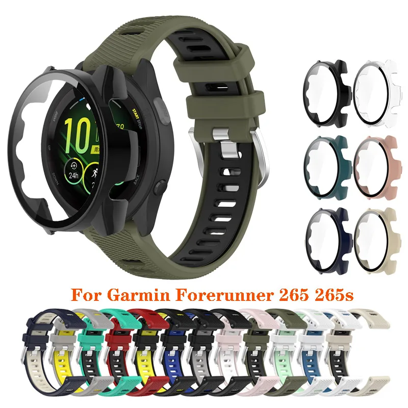 18mm 22mm silikonowy pasek ekran ze szkła hartowanego futerał ochronny dla Garmin Forerunner 265 265s wymiana paska od zegarka akcesoria