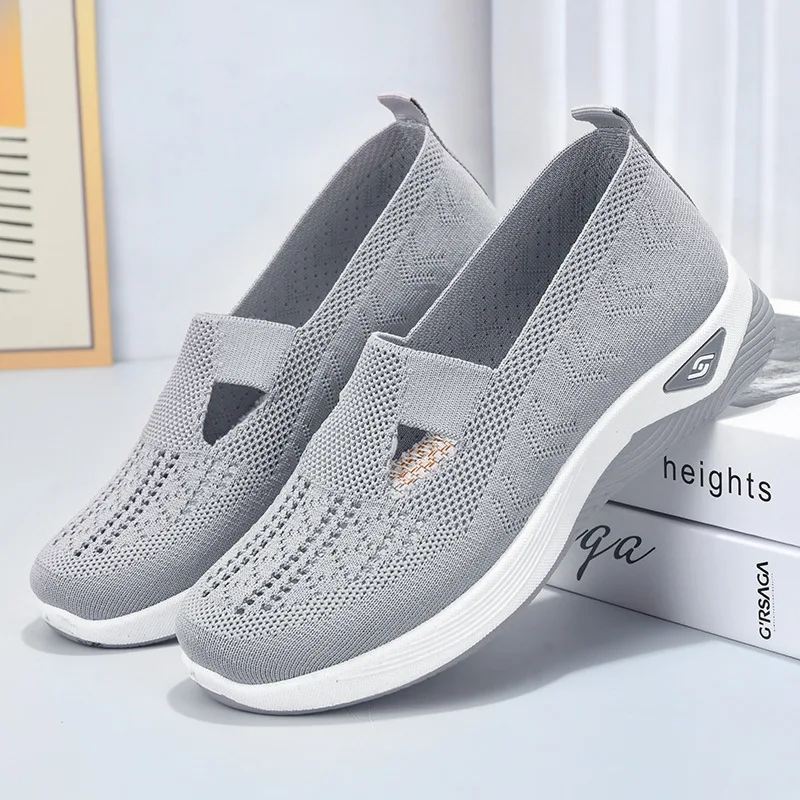 Size 43 Sport Mary Janes Flats Women Knit Mesh Sneakers Breathable Wedge Shoes Ladies Casual Slip On T Flats Comfortable Loafers