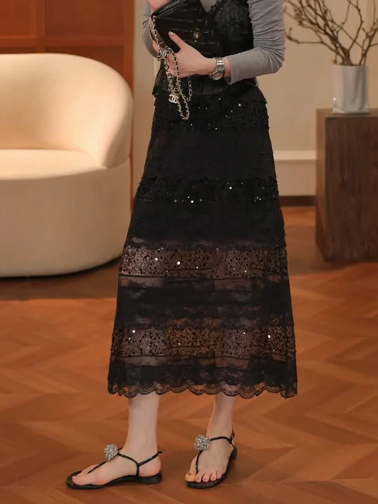 

Plus Size iny Sequin f Skirt Women's Summer Lace Splicing Overlap A-Line Midi Skirt High Waist Korean Sle Spring Faion plus Size