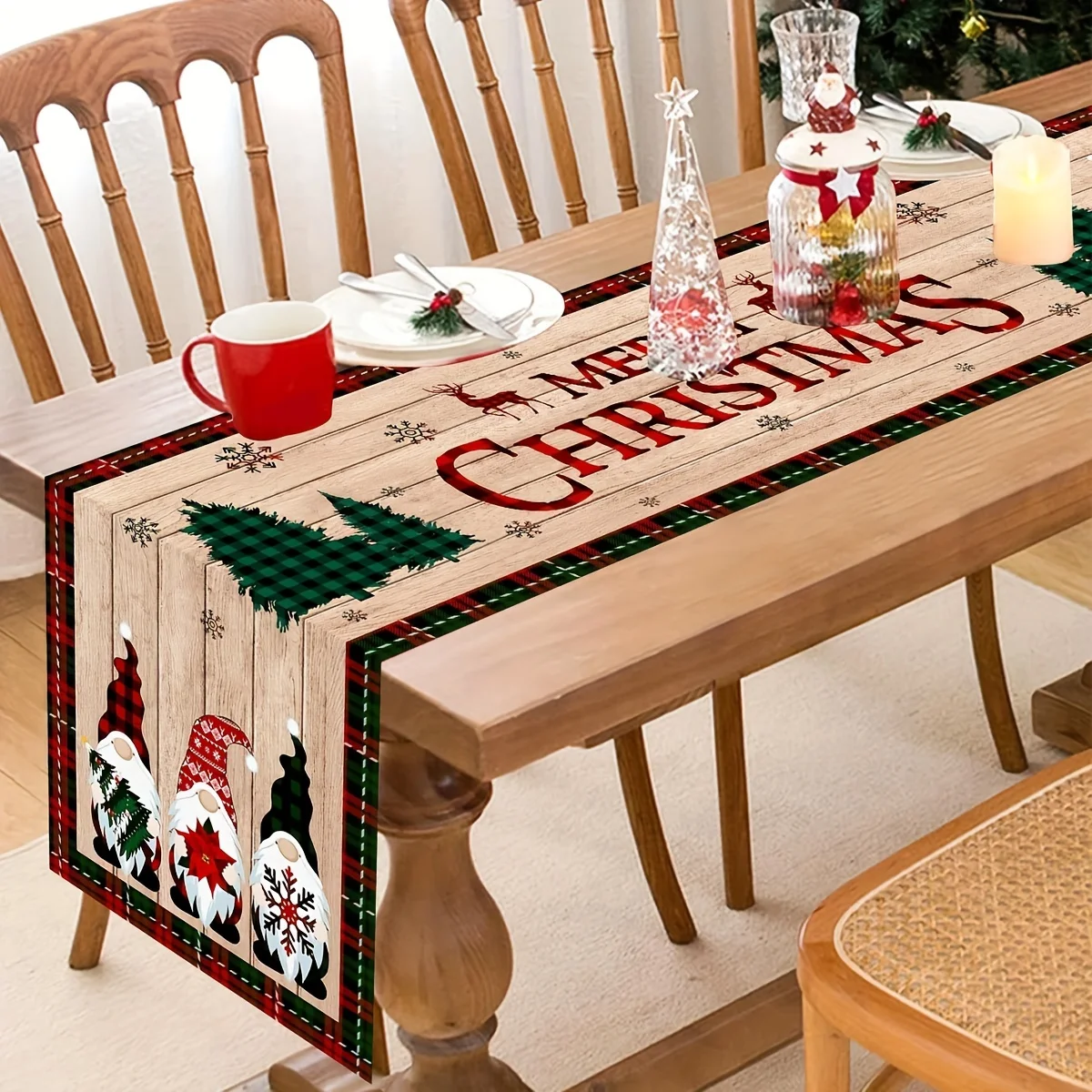 Christmas Gnome Wood Grain Linen Table Runner Dresser Scarf Winter Xmas Tree Table Runner Reusable Holiday Kitchen Table Decor