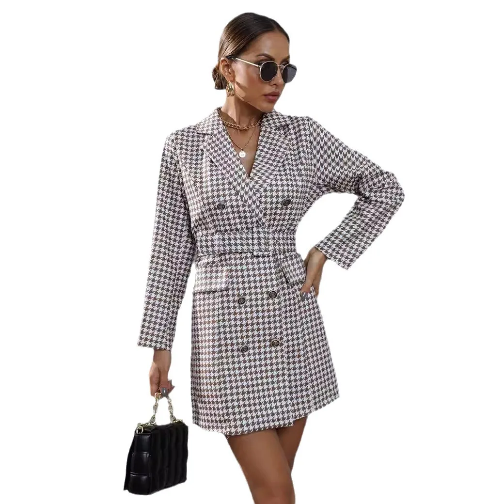 High-quality new fall and winter in Europe and the United States women\'s thousands of birds plaid printed suit dresses