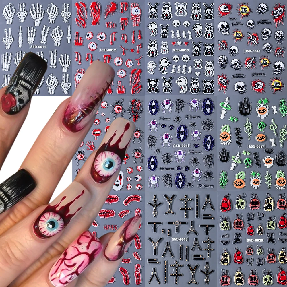 1pc 5D レリーフハロウィンネイルアートステッカー不気味なスケルトンハンドカボチャ悪魔の目デザイン DIY 粘着スライダーデカール装飾