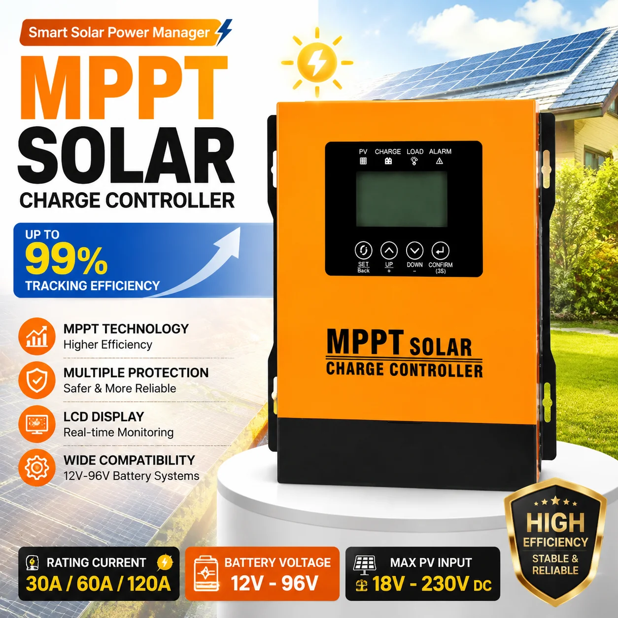 MPPT Solar Charger Controller 30-120A 12V-96V Wide Voltage Range Solar Power Regulator for Solar Panels