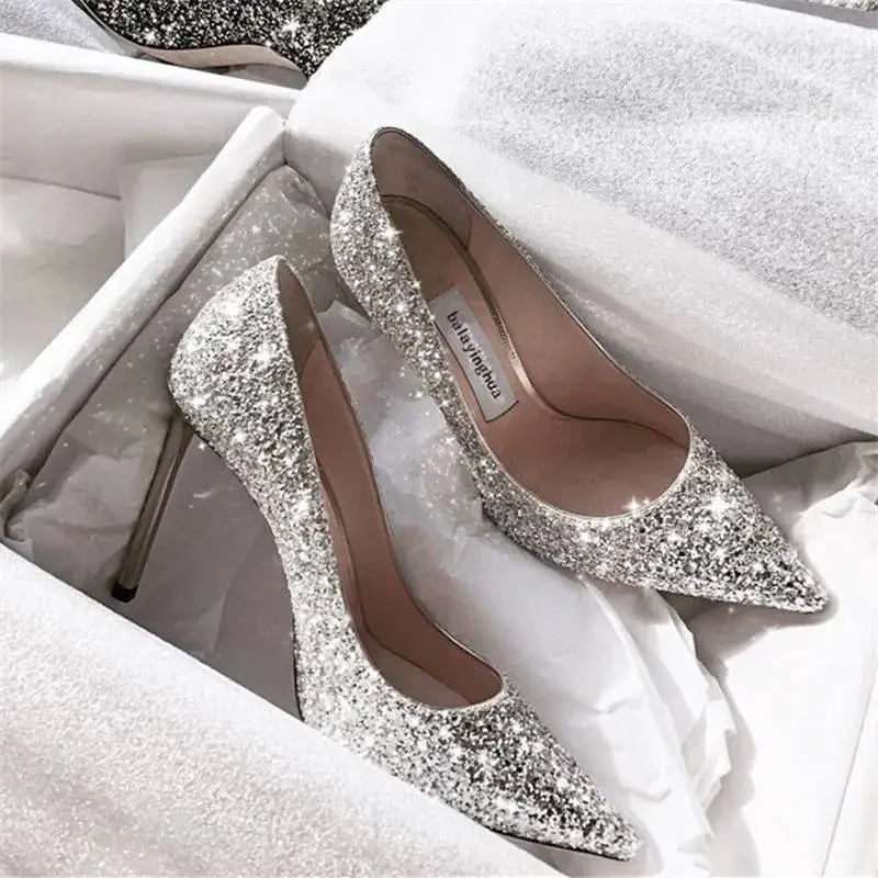 

2024 Fashion Spring New Autumn Woman 9CM/7CM High Heels Silver Wedding Shoes Stiletto Pointed Toe Slip-on PU Bling Luxury Ladies