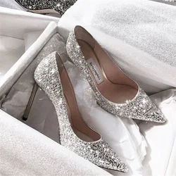 2024 moda primavera nuovo autunno donna 9CM/7CM tacchi alti argento scarpe da sposa Stiletto punta a punta Slip-on PU Bling signore di lusso