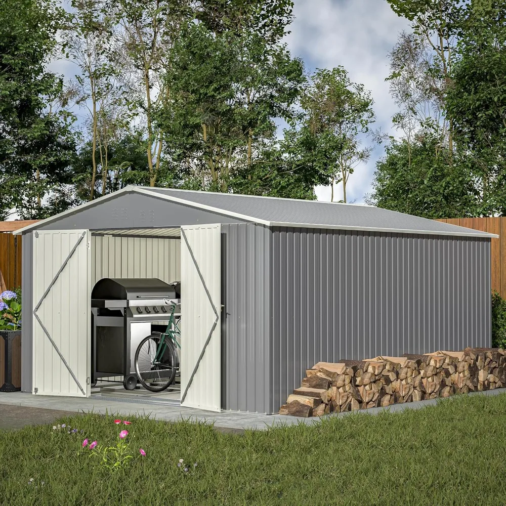 11 x 13FT outdoor metal storage shed with floor frame base, galvanized steel garden shed with 4 ventilation openings