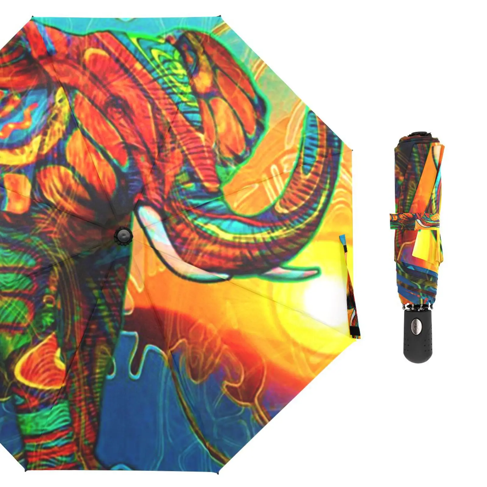 Elephant Fantasy Print Umbrella Rain Women Folding Portable Fully Automatic Umbrella Male Compact Travel Outdoor Tool 8 Ribs