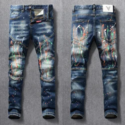 Street Fashion Men Jeans Retro Blue Stretch Slim Fit Painted Ripped Jeans Men Spliced Designer Hip Hop Denim Biker Pants Hombre