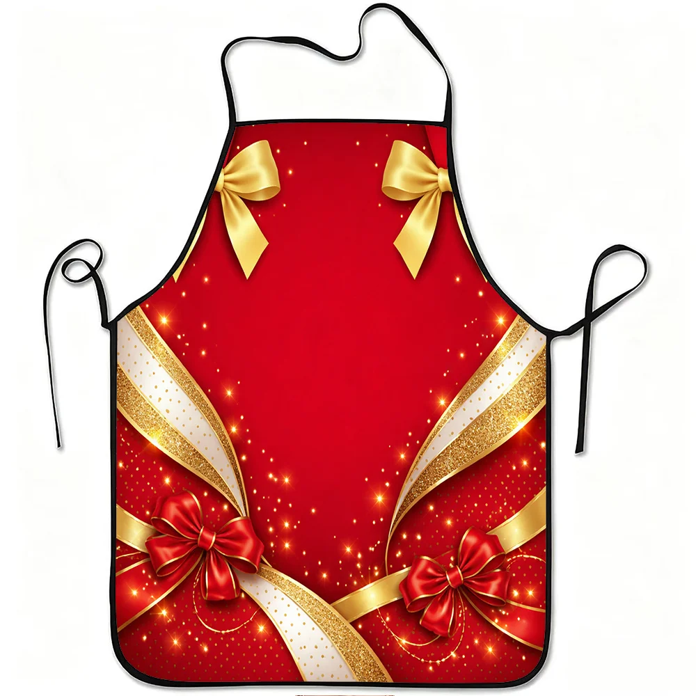 1pc Red Golden Ribbon Sparkle Print Apron, Durable and Easy to Clean, Adjustable Waistband, Polyester Material, for Kitchen Cook