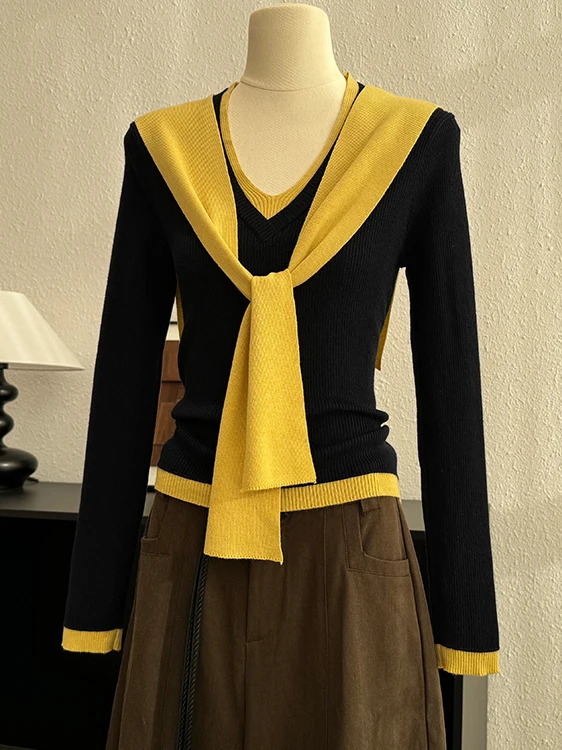 

plus Size Knitted Shoulder Shawl Top Women's Fashion Slimming Autumn Winter Warm Pullover Sweater Fake Two-Piece Style
