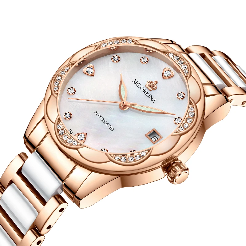 

Женские часы ORKINA, автоматические механические часы с автоматической датой, перламутровый циферблат с бриллиантами, керамический ремешок, изящные женские наручные часы