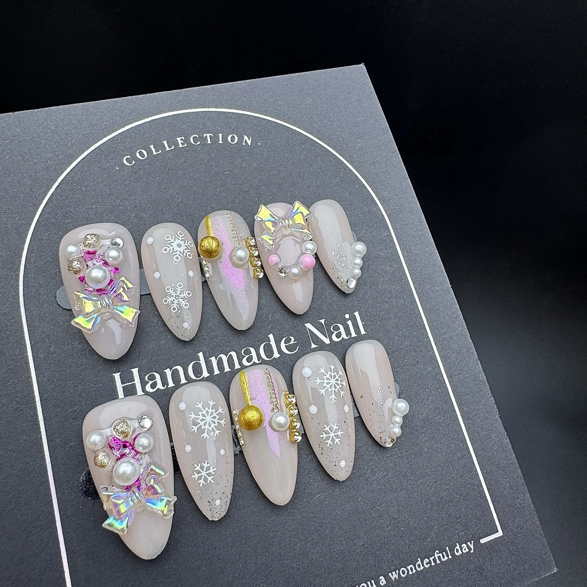 10 stuks handgemaakte pers op nagels kerst amandel naakt nepnagels draagbaar 3D kleurrijke strik parel bal ontwerp Y2k kunstnagels