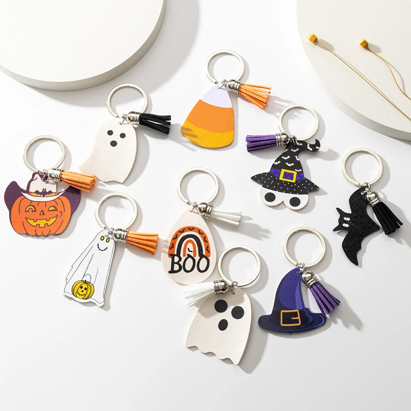 Halloween PU Leather Keychain, Bat, Pumpkin Head, Witch Tassel Pendant, Fun And Spooky Bag Accessories, Halloween Themed Charms