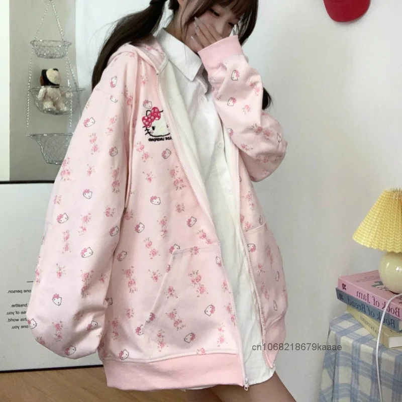 Sanrio Hello Kitty Cute Cat Hoodie Women\'s Autumn Winter New Loose Lazy Cardigan Japanese Style Y2k Sweet Soft Girl Trendy Coat