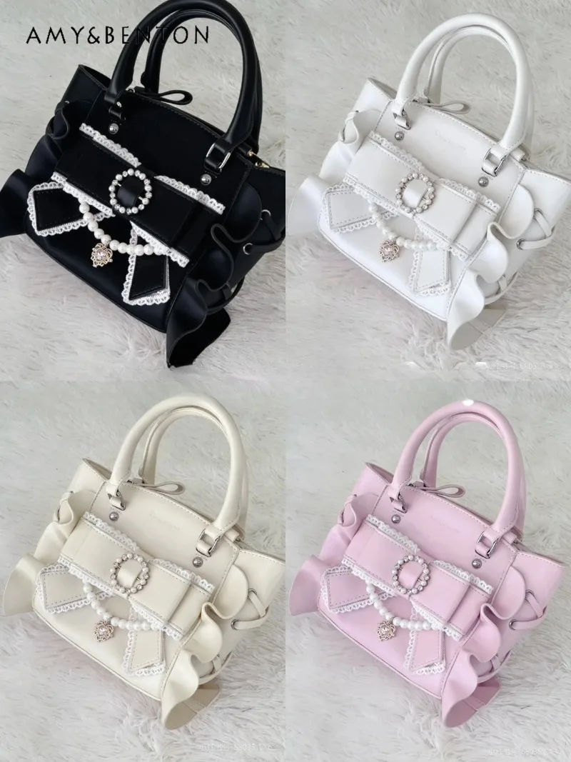 

Mine Series Japanese Cute Lolita Handbag Mass-Produced Pearl Pendant Lace Splicing Bowknot Tote Bag Elegant Princess Handbag