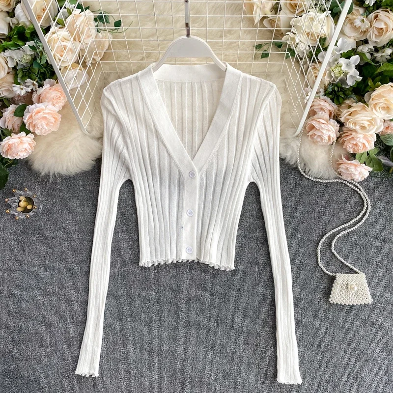 Autumn New Women Stretch Slim V-neck Long Sleeve Ribbed Knitted Thin Cardigans Single Breasted Multi Color Female Short Tops