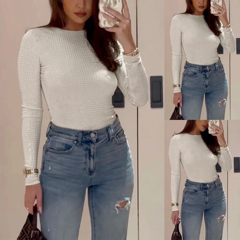 العلامة التجارية الجديدة النساء قمم جميع المواسم عارضة طاقم الرقبة الساخن الماس البوليستر مثير تصميم أنيق تنوعا نمط يوميا