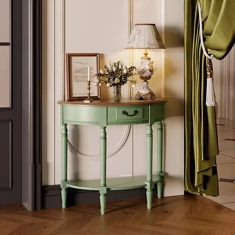 Semi-circular Console Table for French Style Home Living Room Hallway Retro Wooden Side Cabinet with Storage Drawer