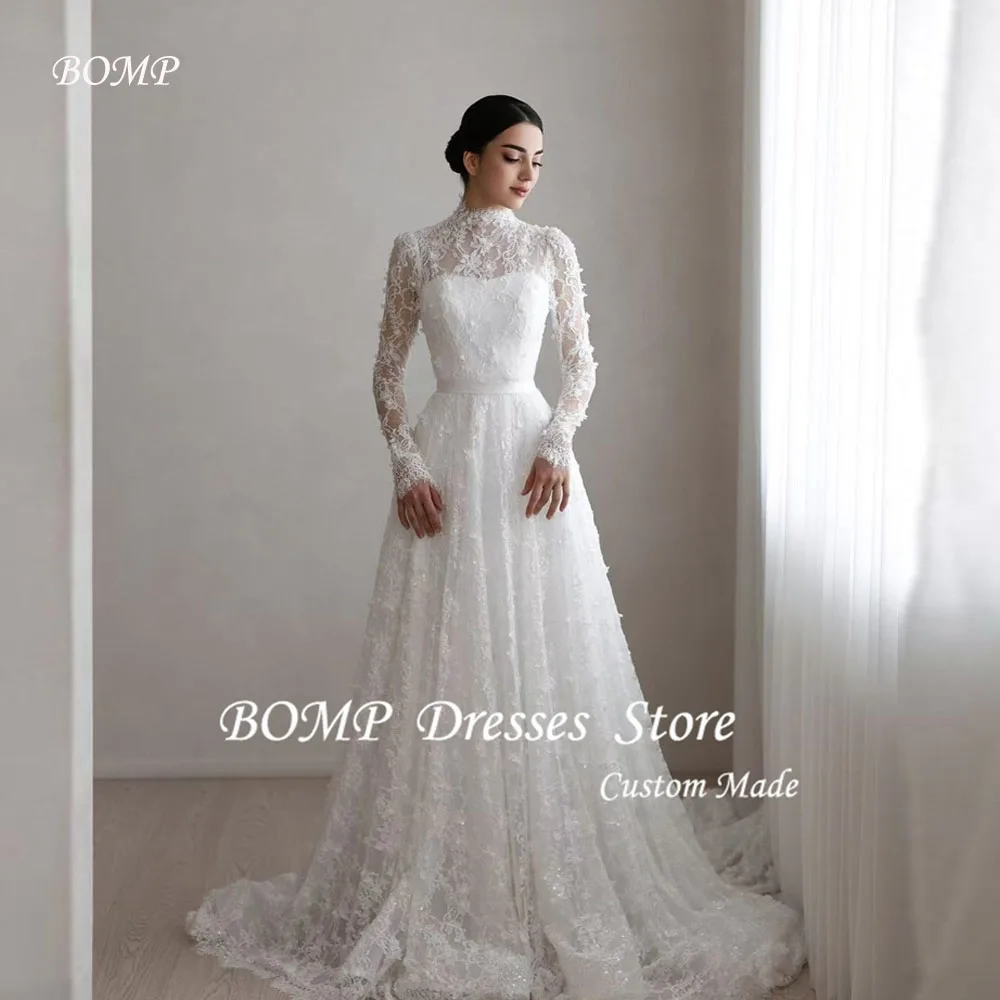 

BOMP Exquisite Lace A Line Wedding Dresses Long Sleeves High Neck Sweep Train Bridal Gowns Modest Dubai Arabic Women Customized