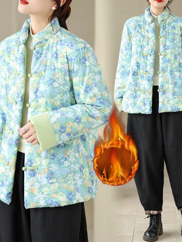 

Новая китайская женская хлопковая куртка на осень-зиму, утепленная, с принтом, свободного кроя, с длинными рукавами, воротником-стойкой, на одной пуговице