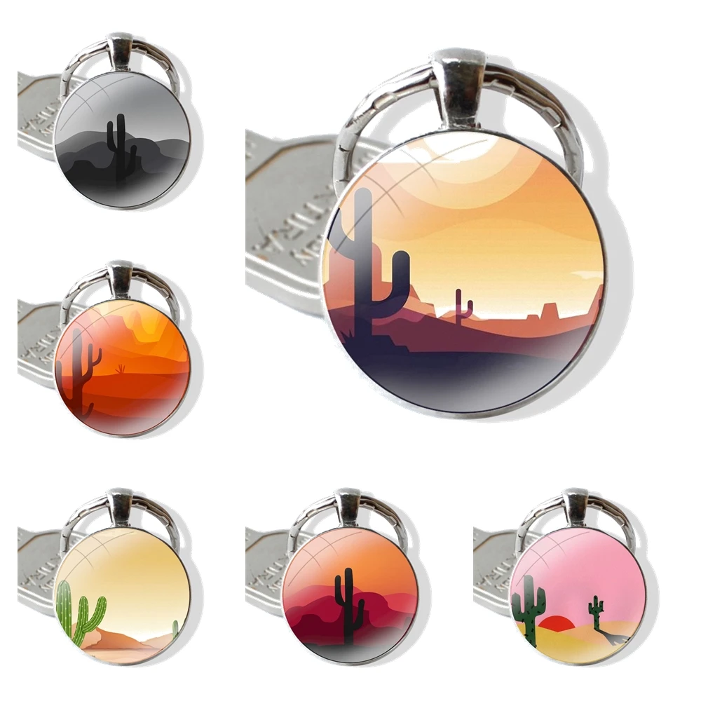 Keychain Handmade Glass Cabochon Key Ring Holder Pendant Key Chains Desert Climate Cactus Sun And Sand