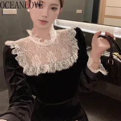 OCEANLOVE Autumn Winter Velvet Women Shirts&blouses Ruffles Korean Fashion Vintage Blusas Mujer Lace Patchwork Camisas