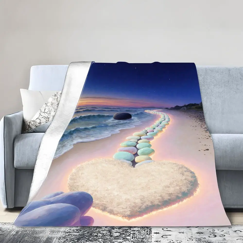 Cetakan Seni Pemandangan Pantai Senja yang Menawan - Gelombang Laut Surreal dengan Jalur Batu Pastel yang Bercahaya, Formasi Berbulu Berbentuk Hati & Putih