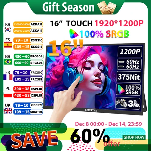 HGFRTEE Monitor portátil táctil de 16 pulgadas 16:10 96% sRGB 350Cd/m2 segunda pantalla para ordenador portátil con soporte tipo C Compatible con HDMI