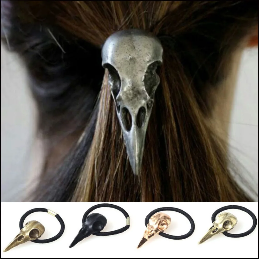 Punk Gothic Metal Crow Skull Hairband Pony Tail Holder Elastic Hair Rope Tie Headwear Women's Accessories