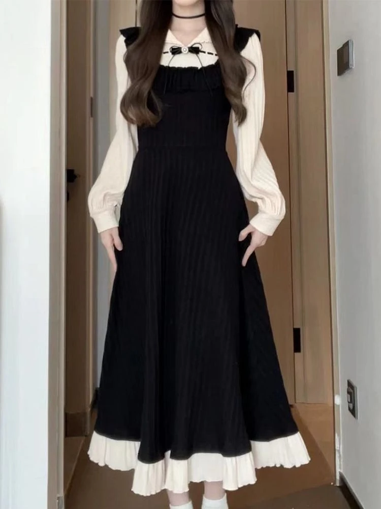 Vestido coreano de dos piezas de imitación de retazos suaves estilo Hepburn, vestidos adelgazantes que se ajustan a la cintura para mujer, nuevos trajes de moda de invierno 2025