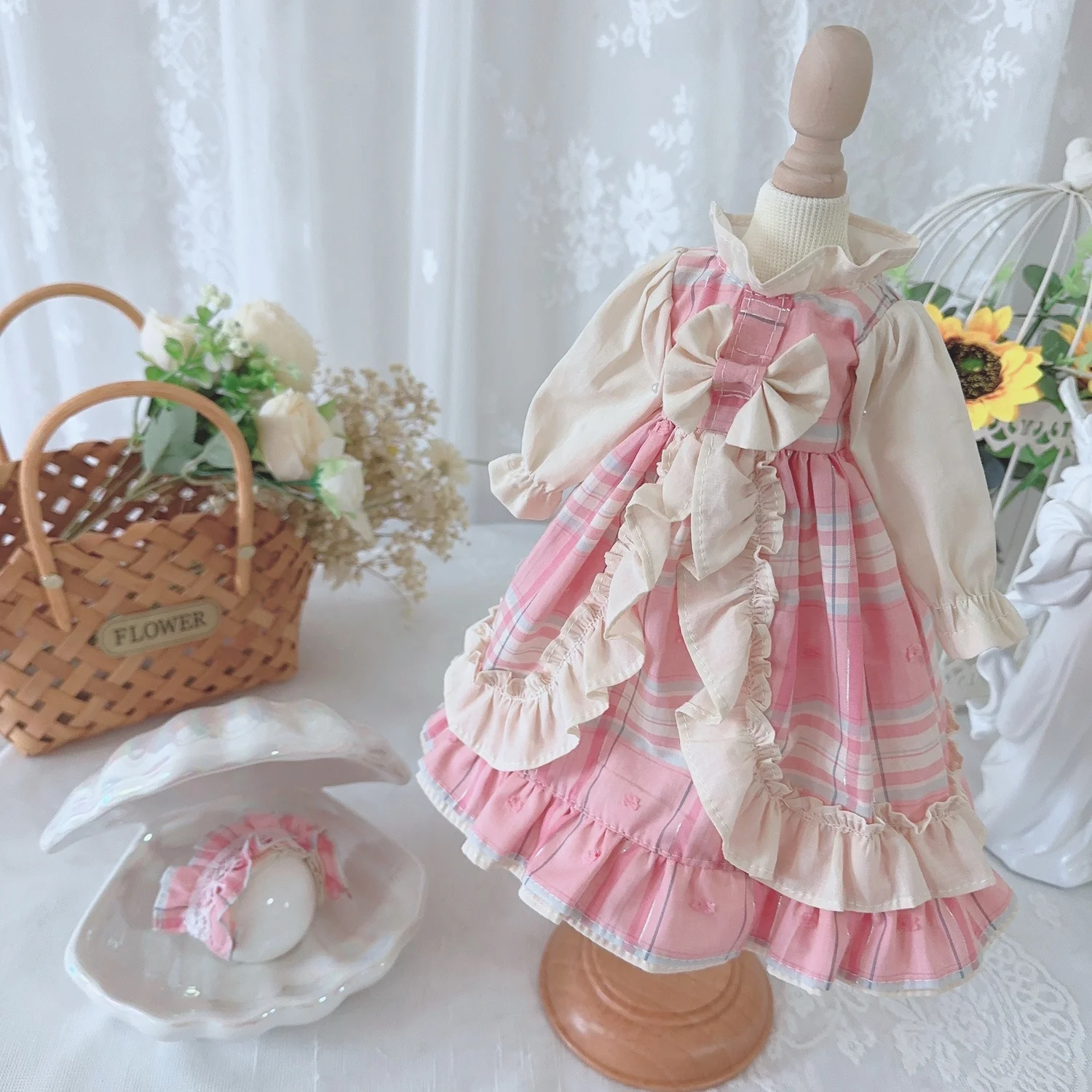 

BJD Doll clothes Suitable for 1/3 1/4 1/6 size light pink bow plaid garden style long sleeve dress doll accessories