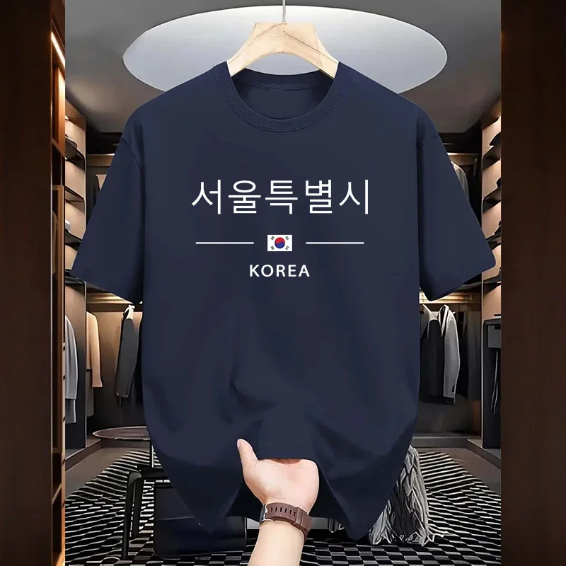 Camisetas con estampado coreano de Seúl para hombre, Top 100% de algodón de alta calidad con cuello redondo, camisetas informales de moda para uso diario de ciudad de verano, ropa para hombre 2025