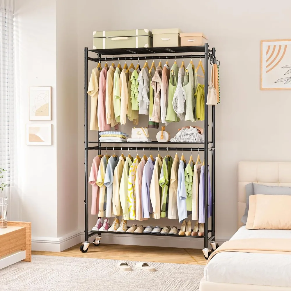 Rolling Clothes Rack for Hanging Clothes, 300Lbs Capacity Garment Rack with Double Rods & 3 Wire Shelves, Cloth Wardrobe