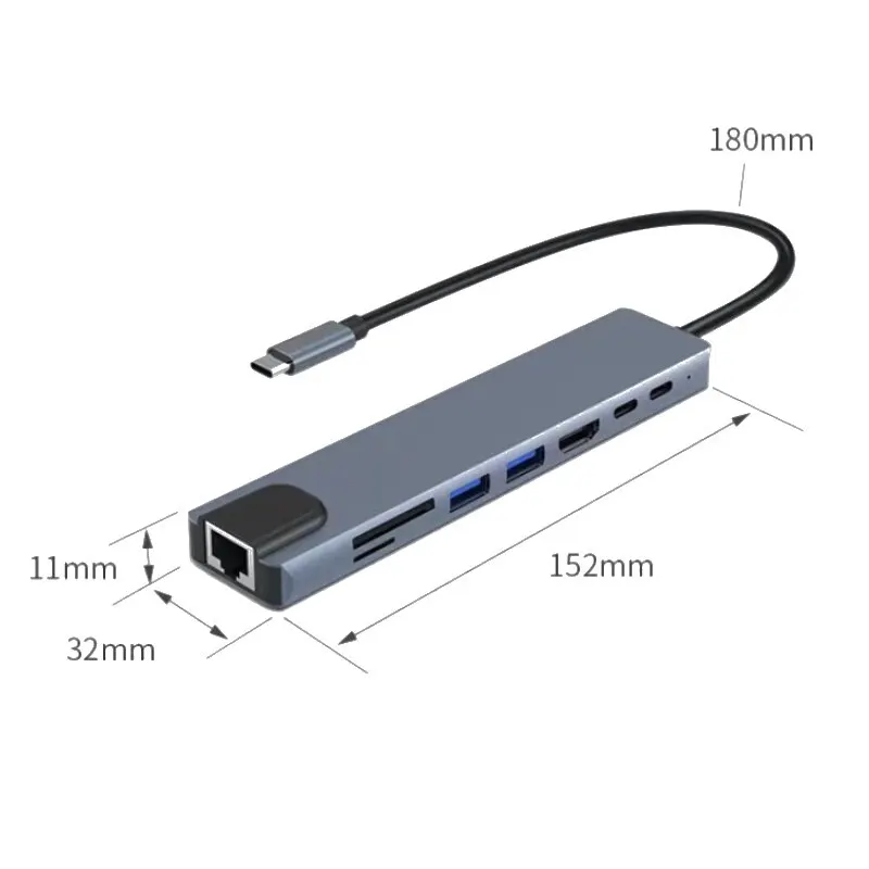 PjioAo USB C Hub 8 in 1 Type C 3.1 tot 4K HDMI Adapter met RJ45 SD/TF kaartlezer PD snel opladen voor laptop computer