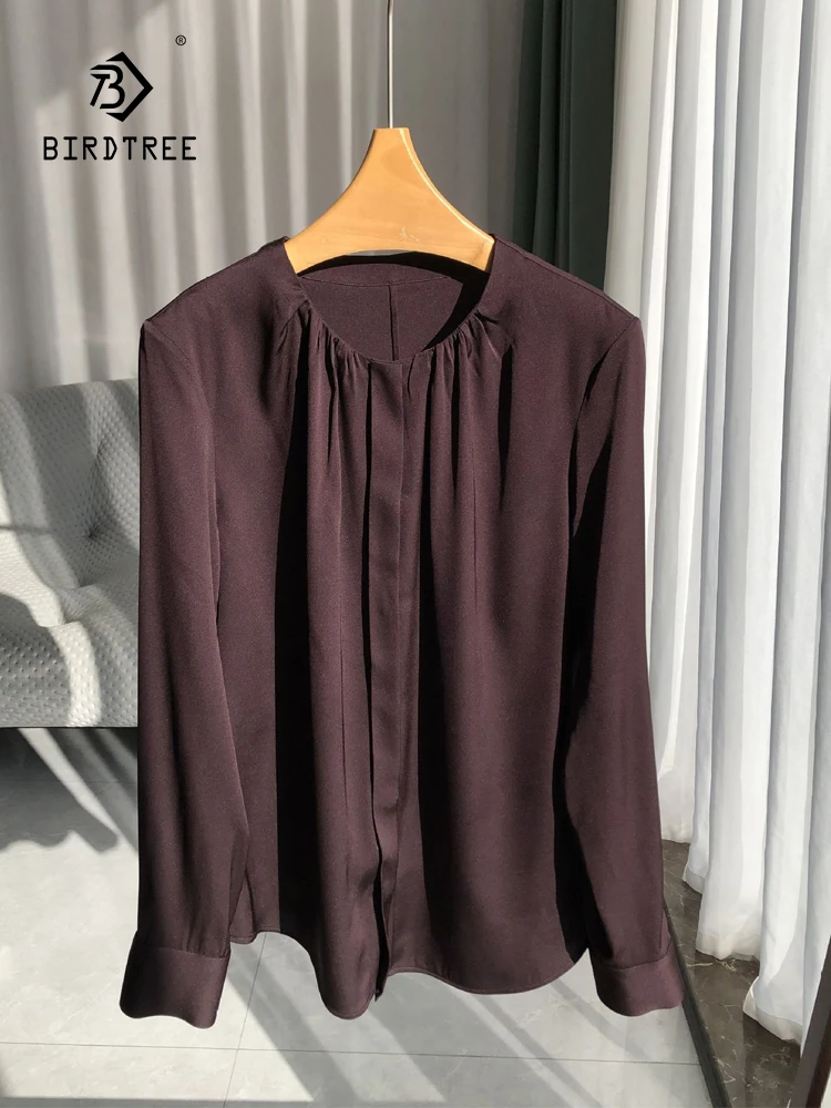 

Birdtree 19.7MM 92.4%Mulberry Silk Smooth Shirt Women Long Sleeve Classic Solid O-Neck Simplicity Shirt 2024 Spring T3D7106QC