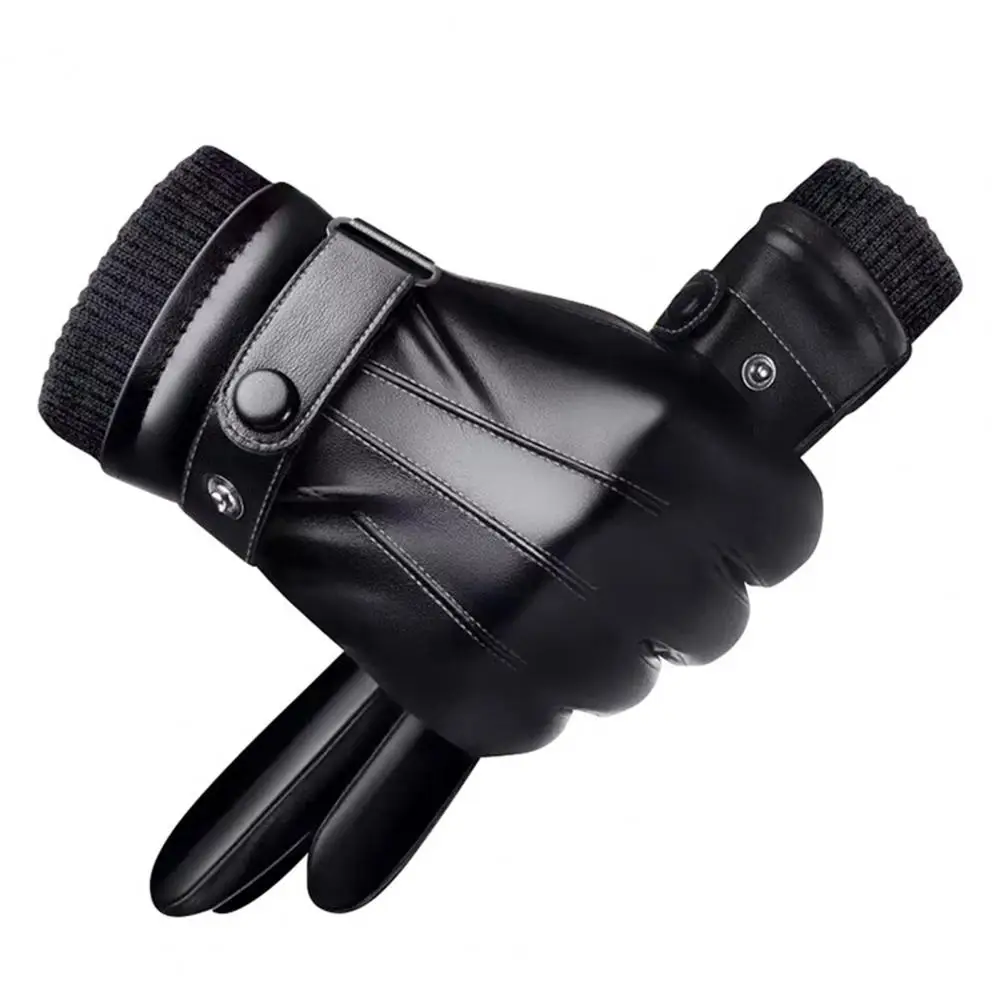 1 Pair Men Gloves Windproof Touch Screen Riding Gloves Full Finger Plush Lining Faux Leather Anti Skid Gloves for Outdoor