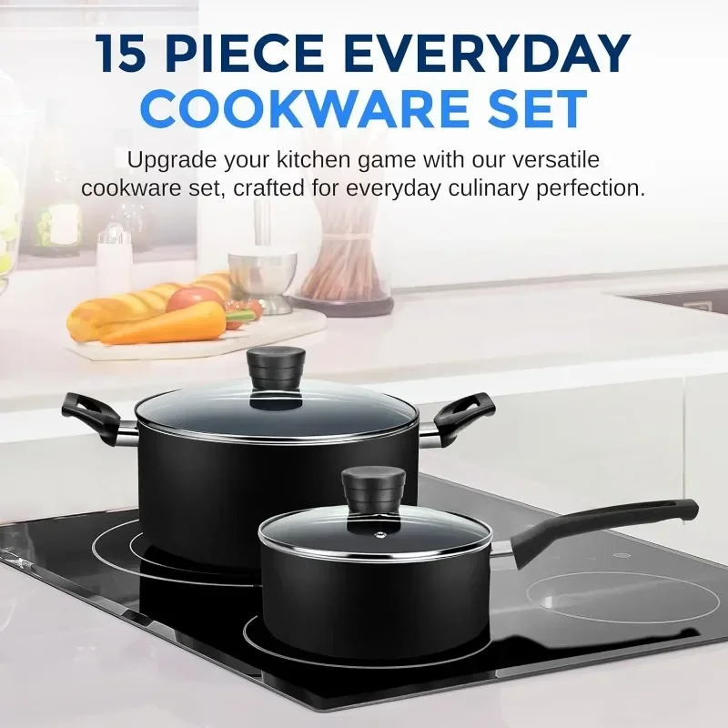 

Hot Sellers.Pots & Pans Basic Kitchen Cookware, Black Non-Stick Coating Inside, Heat Resistant Lacquer (15-Piece Set)