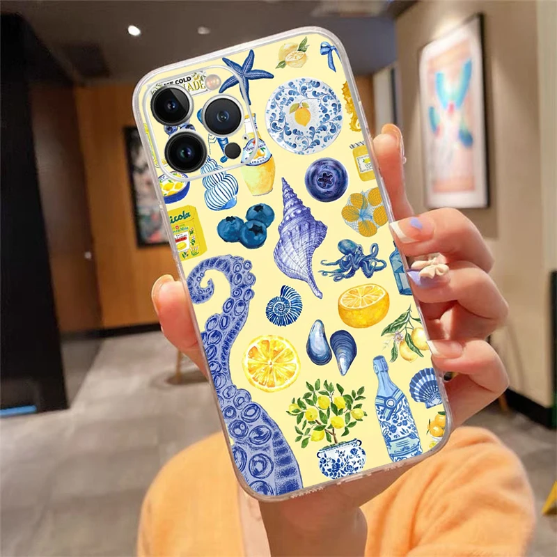 

Phone Case For iPhone 17 Pro Max Air 16 15 14 13 Pro Max 15 16 Pro 15Plus Silicone Summer Ocaen Beach Lemon Flower