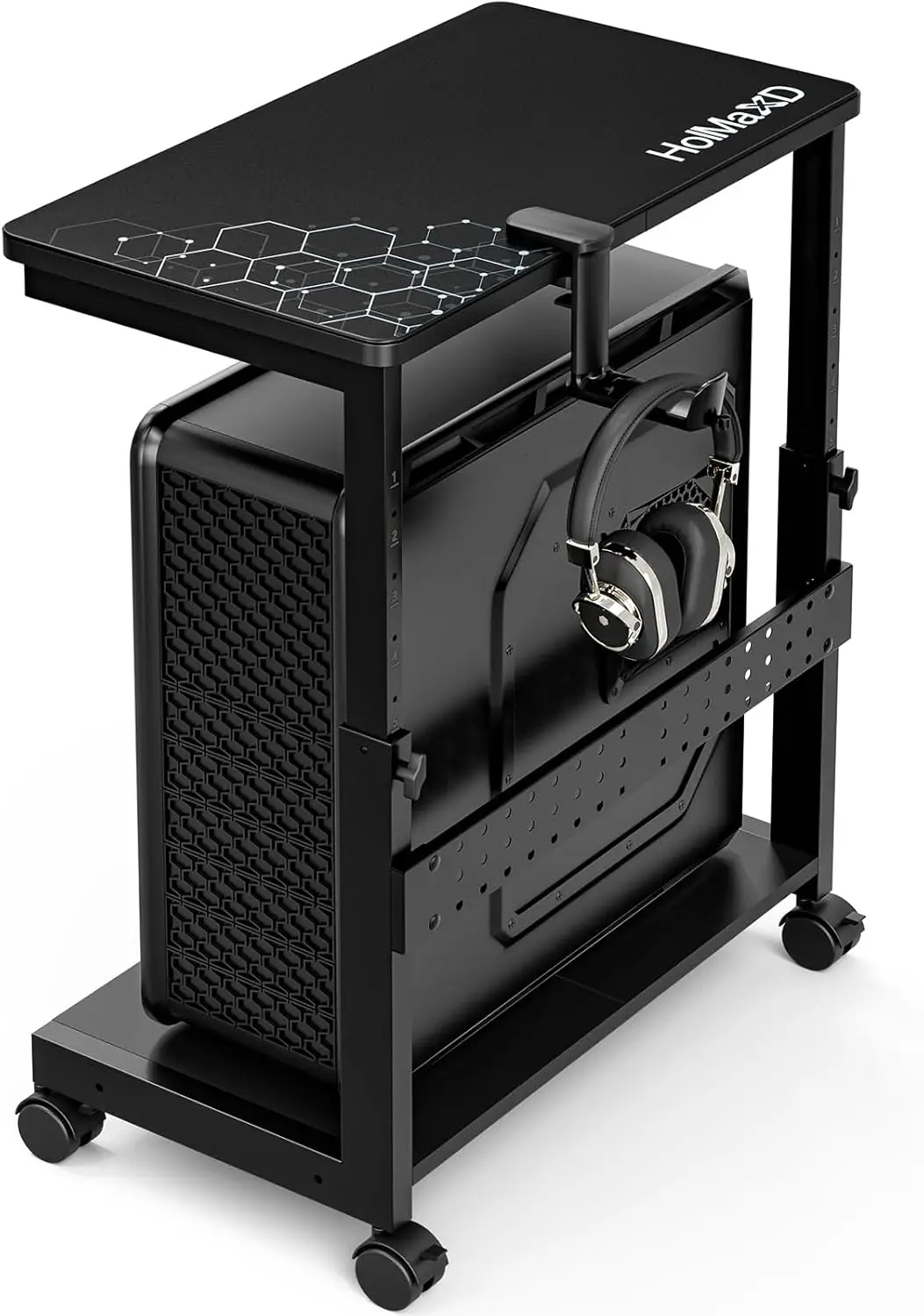 

Height Adjustable CPU Stand with Wheels, 2-Tier PC Tower Holder, Mouse Pad & Headphone Stand Included, Black