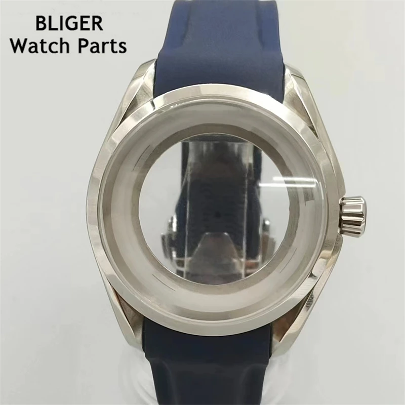 BLIGER 40 مللي متر حافظة ساعة دوارة زجاج الياقوت أسود أزرق حزام مطاطي مناسب لحركة NH35 NH36